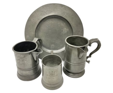 18th century pewter plate, with stamped London Superfine and crowned rose mark verso, together with two 19th century pewter s