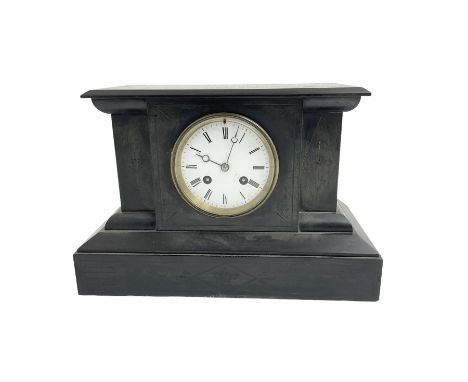 French - 19th century Belgium slate 8-day mantle clock, in a break front case with a flat top on a broad plinth, white enamel