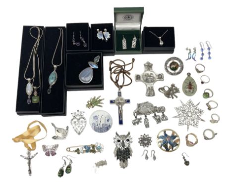 Collection of silver jewellery including two pairs of enamel earrings, necklaces, pendants and earrings set with moonstone an