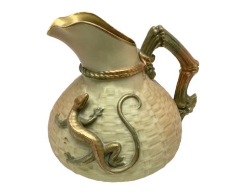 Royal Worcester blush ivory basket weave ewer, the vase of bag shape with twisted rope to the neck decorated with applied dec