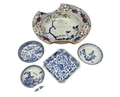 19th Century Imari pattern Japanese blood letting bowl, together with 19th century chinese blue and white square dish with de