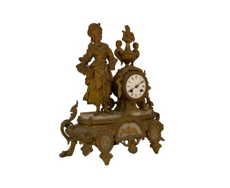 French - 19th century Spelter and Alabaster 8-day mantle clock, on a raised base with a figure of a lady in 18th century cost