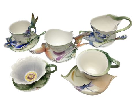 Five Franz teacups and saucers comprising Hummingbird FZ00129, Bluebell FZ00875, Dragonfly FZ00028, Butterfly XP1693 and Dais