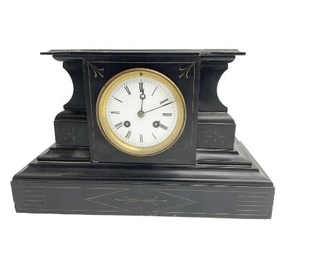 French - 19th century Belgium slate mantle clock with an 8-day Parisian movement, rectangular break front case with a flat to