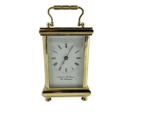 English - contemporary 8-day carriage clock retailed by Martin Dunn, four glass lacquered case with handle raised on bun feet