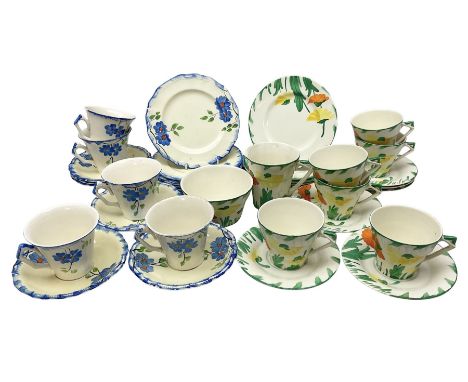 Art Deco tea service for six by Myott, Son &amp; Co, painted with stylised orange and yellow flowers amongst green foliage on