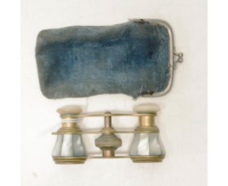 Vintage Mother of Pearl cased opera glasses in original velvet purse.