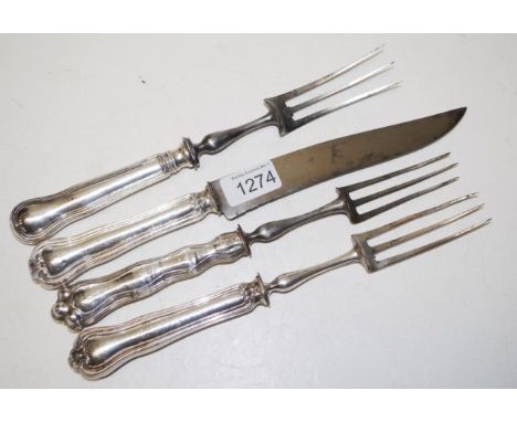 French two piece silver handle carving set comprising a carving knife and matching carving fork, each with silver handle; tog