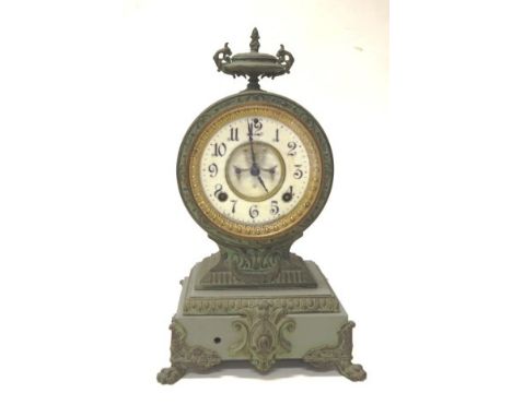 Antique Ansonia mantle clock with visible escapement striking movement, 22cm wide, 36cm high approx, pendulum and 2 keys incl