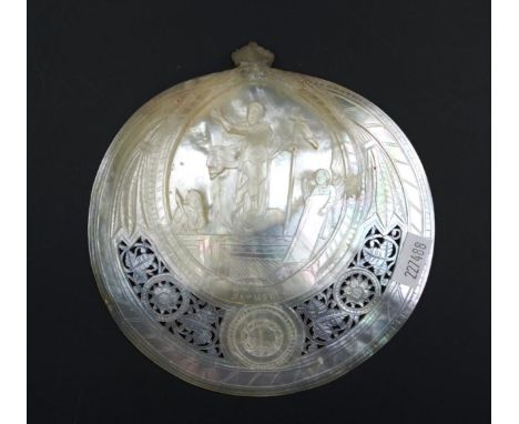 Jerusalem carved pearl shell carved and pierced classical decoration to pearl shell, (diameter 13cm approx).