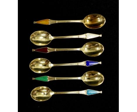Set Danish sterling silver enamel coffee spoons comprising set 6 enamel decorated gilt silver coffee spoons.