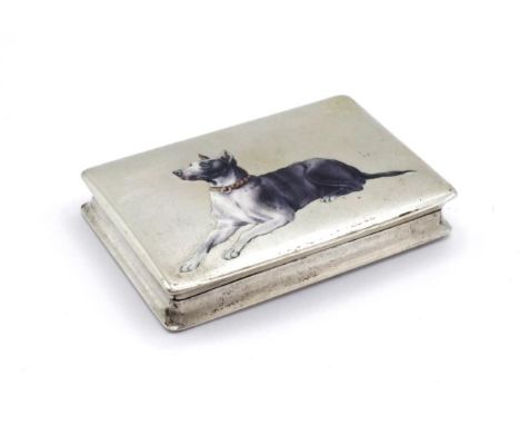 Antique enamel &amp; silver snuff box (Great Dane dog) marked '800,' (length 7.5cm approx). European origin C.1920s