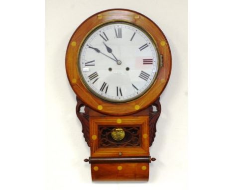 Good American 8 day wall clock with inlaid decoration and fretwork. Time &amp; strike movement. 73cm high.