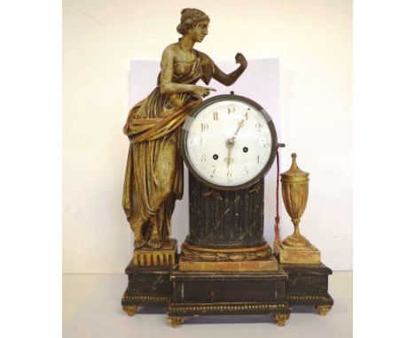 Antique painted figural Viennese mantle clock timber figure of a Roman lady leaning on the round clock on a column.  30 hour 