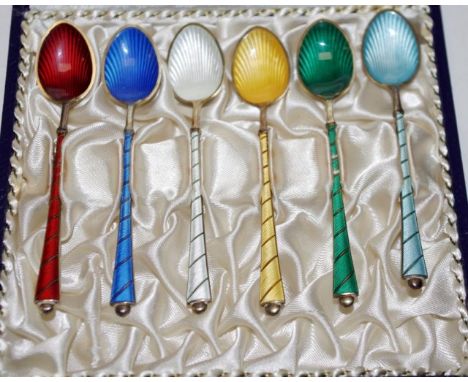 Set of 6 sterling silver &amp; enamel coffee spoons marked Elo Denmark Sterling 925S, in original box