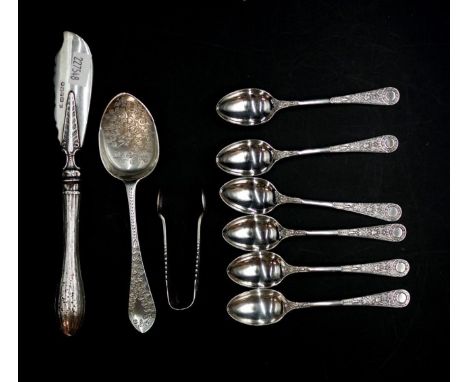 Quantity of sterling silver flatware comprising of a butter knife (18.5cm, hallmarked to blade Sheffield 1858), 6 coffee spoo