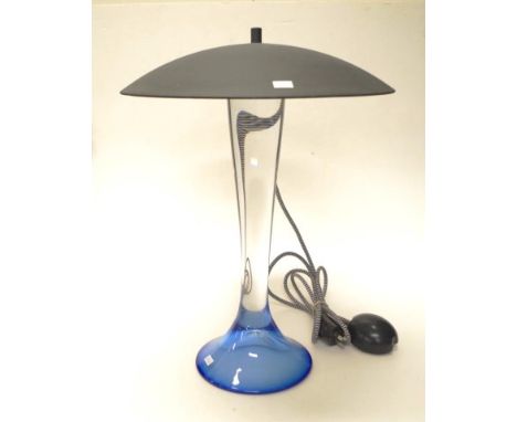 Kosta Boda blue glass table lamp &amp; shade column form blue glass base, signed Kosta Boda Goran Warff, with black metal sha