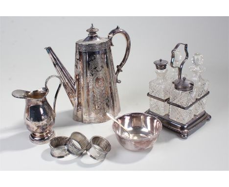 silver plated wares, to include a coffee pot, a bowl napkin rings, cruet set a jug and a spoon, (qty)