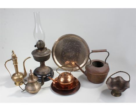Brass and copper lot to include Oil lamp, ewer, trays, pots etc. (qty)