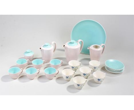 Poole tea and coffee set, circa 1950's, decorated with mushroom and green ice colour, to include six cups and saucers, three 