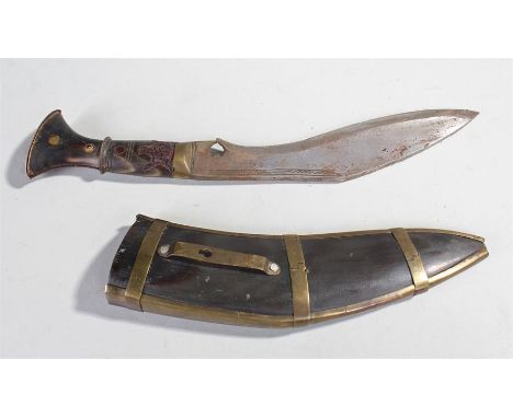 Two Nepalese Kukri, the first horn handled with leather sheath, the second horn handled and with horn scabbard, (2)