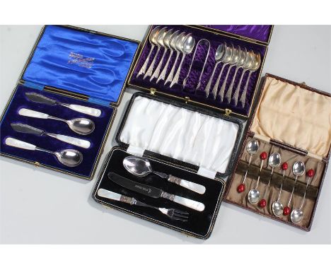 Silver plated wares, to include a cased teaspoon and tong set, two cutlery sets and a coffee spoon set, all cased, (4)