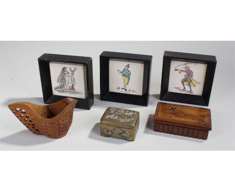 Mixed works of art, to include a set of three tiles featuring Dickens characters, a Japanese brass box, a Scandinavian cup an