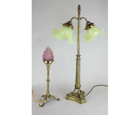 A brass two-branch table lamp with green glass shades, on hoof feet and raised plinth base, 61cm, together with a brass singl