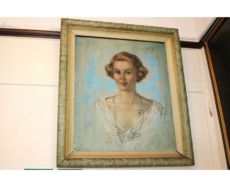 Garnet Ruskin Wolseley (1884-1967), portrait of a young lady wearing a white wrap and crystal necklace, oil on canvas, signed