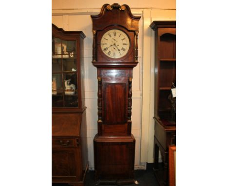 A 19th century mahogany longcase clock, the 14 inch circular dial with hand painted Roman  numerals and two secondary dials, 