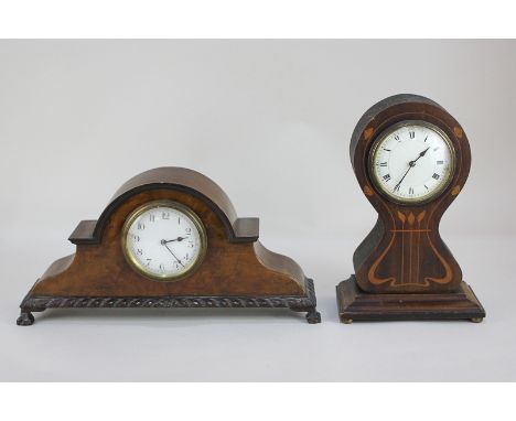 An Edwardian inlaid mahogany mantel clock in balloon shape case, 26cm high, and another walnut mantel clock in dome case (a/f