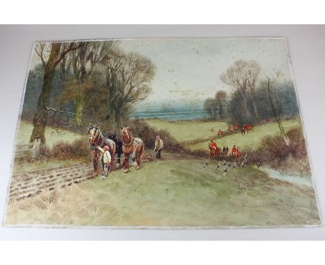 British School, two fox hunting scenes, figures ploughing fields with horses foreground, hunters on horseback riding across w