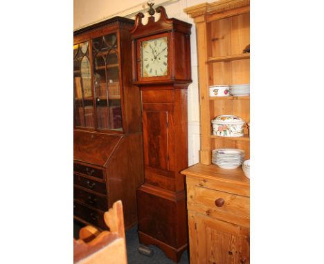 A 19th century longcase clock, the 12 inch painted metal dial with rose spandrels and Roman numerals, with subsidiary seconds