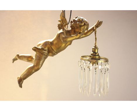 A gilt painted spelter cherub chandelier light fitting with cut glass droplets, 33cm long