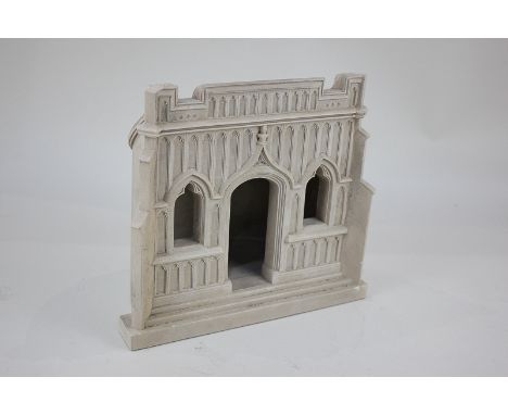 A Timothy Richards plaster architectural model of a Gothic folly, paper label verso, 18cm by 20cm, (a/f)
