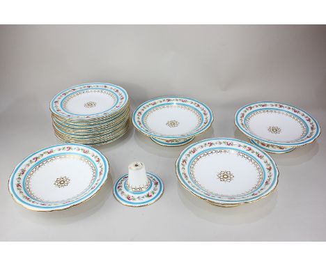 A 19th century French porcelain part dessert service including three tazza, one cake stand (a/f), with twelve plates, each de