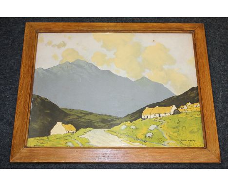 After Paul Henry, mountainous Irish landscape, white cottages and sheep foreground, colour print, 43cm by 53.5cm