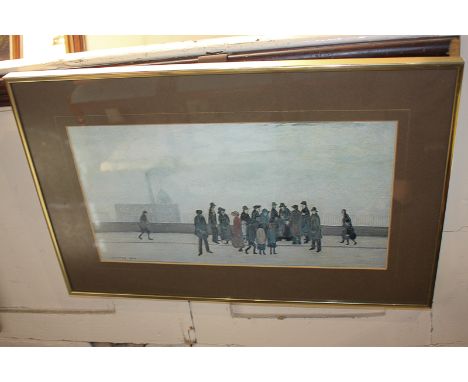 After L S Lowry, figures in a street, 'Sudden Illness', modern coloured print, 22cm by 40cm