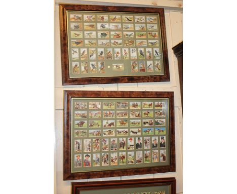 Four framed sets of early 20th century cigarette cards, mostly Gallaher's, comprising butterflies and moths, army badges, Bri
