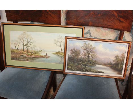 R Hulls, mountainous river landscape, oil, signed, 21cm by 38cm, together with A. Porter, figure in a boat before a flat rive