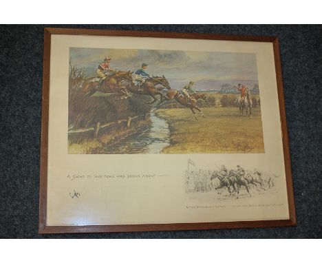 After Snaffles (early 20th century), horse racing scene with jockeys at the jump, 'A sight to take home and dream about', col