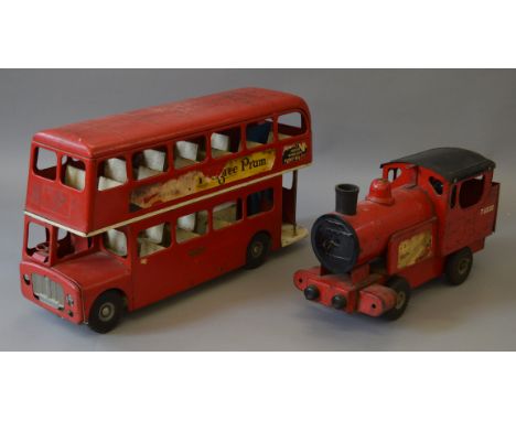 A large playworn  Triang pressed steel Double Decker Bus with some damage, including broken bell striker, with missing and da