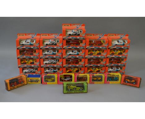 Twenty one boxed Matchbox 'Turbo Specials'  1:40 scale diecast model cars in trade carton, all appear VG in G+/VG boxes. Nine