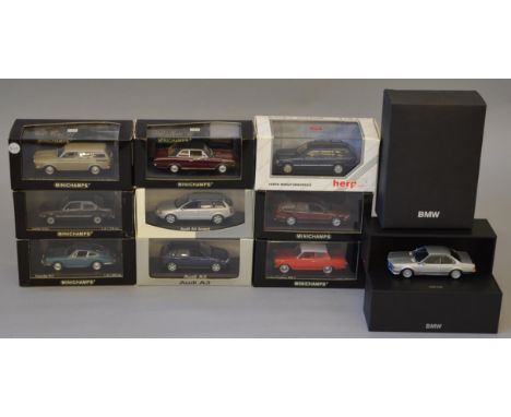 Nine boxed Minichamps diecast model cars in 1:43 scale together with another by Herpa, including  Minichamps 1962 Ford Cortin