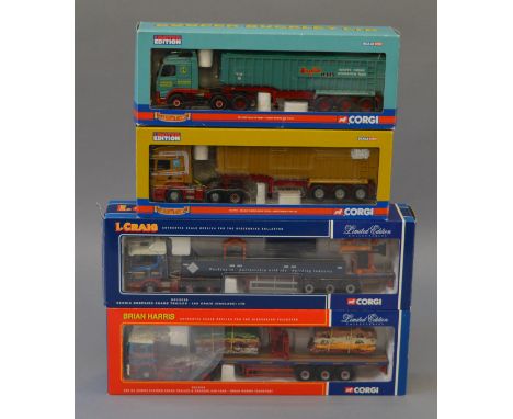 Four boxed Corgi 1:50 scale  trucks, CC12218, CC13711, CC12429 all with mirrors present  and  CC11910, missing mirrors, some 