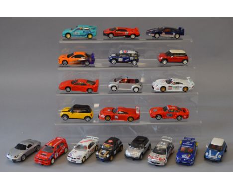 Twenty unboxed Scalextric slot cars including VW, Mini, Toyota and Subaru models, some with slight damage and several would b