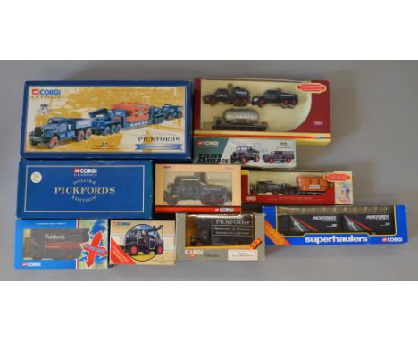 Ten boxed Corgi and 'Days Gone' diecast 'Pickfords' van and truck models in a variety of different scales, including 55201 Di