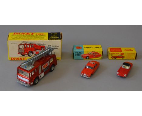 A boxed Corgi Toys 213 Jaguar 2.4 Fire Service Car, F/G with replacement aerial in G box with Corgi Model Club slip together 