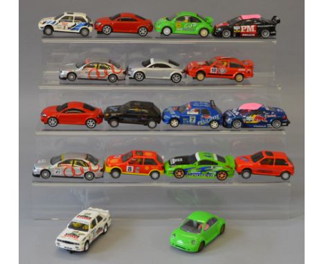 Seventeen unboxed Scalextric slot cars including VW, Ford, Nissan and Peugeot models, some would benefit from careful cleanin