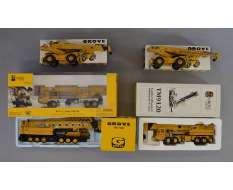 Five boxed 1:50 scale diecast model Grove Crane Vehicles, a Norscot ATS540 together with two RT760 models, a TM9120 and a TM1